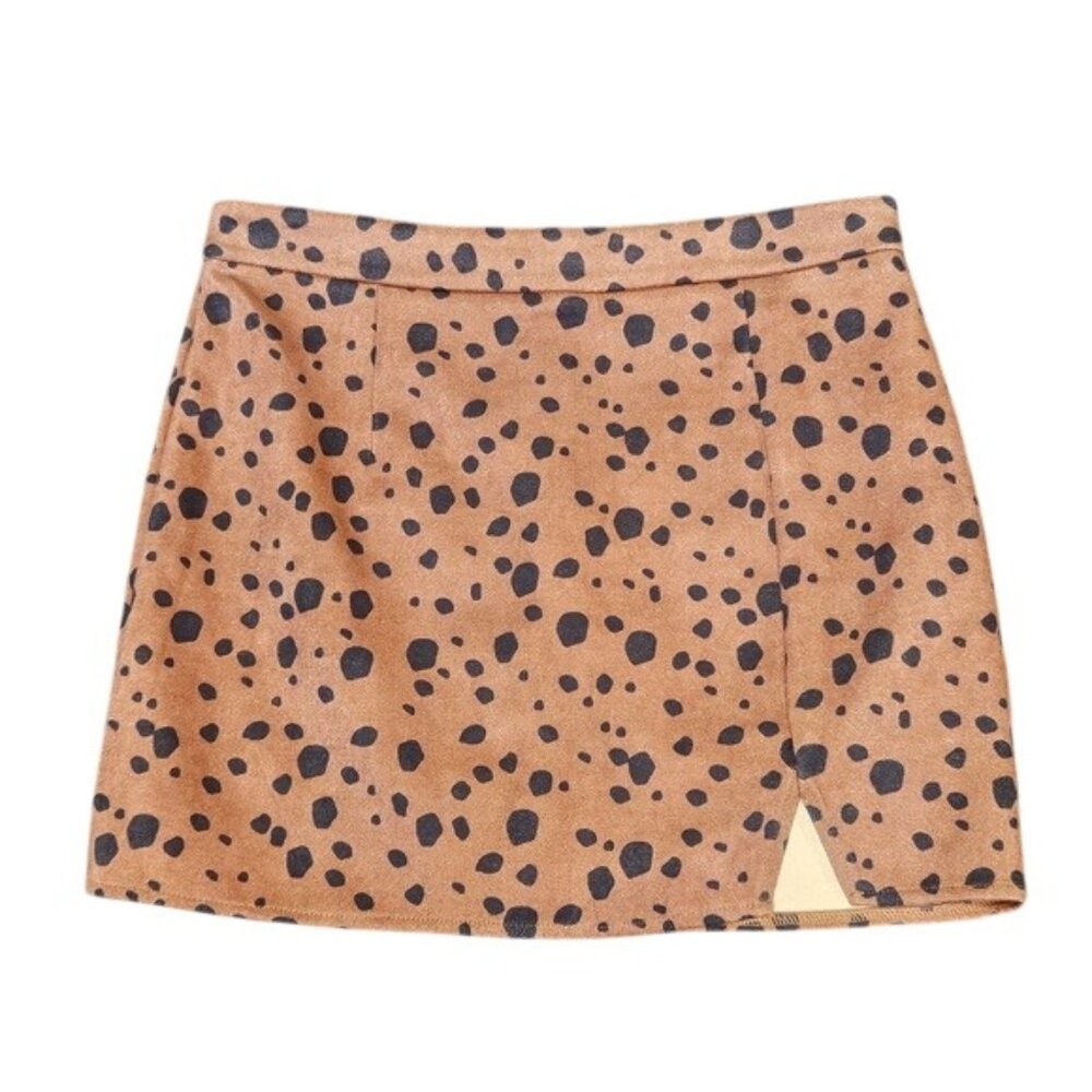 Spotted Brown Faux Suede A-Line Mini Skirt By Akaiv Size L